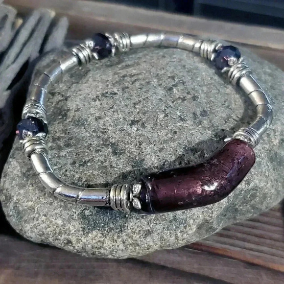 Handcrafted Edgy Silver Purple Lavender Foil Glass Metal and Crystal Stretch Bra - Picture 1 of 6